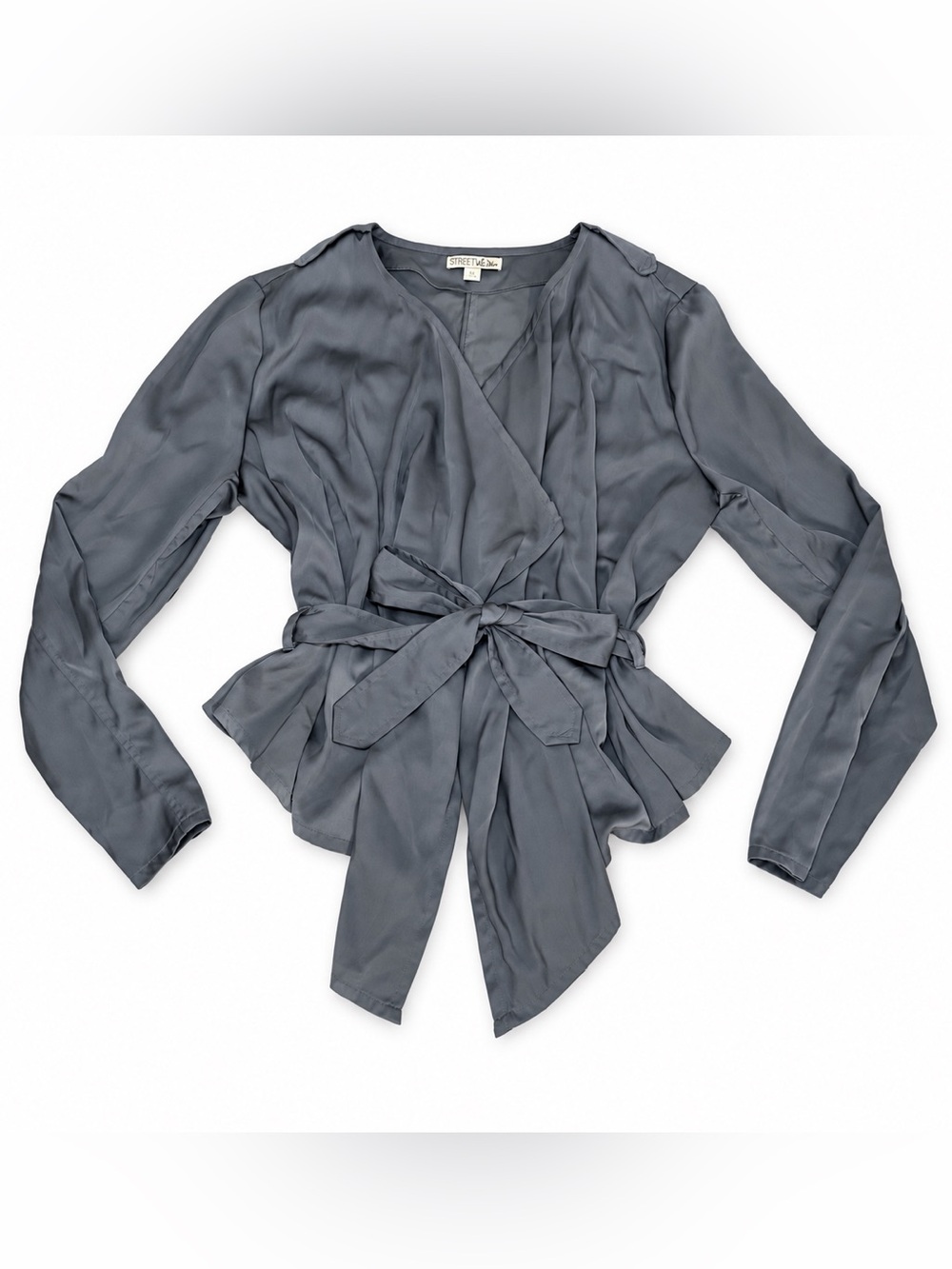New York & Company Slate Gray Women’s Wrap Blouse with Self Tie Size Large